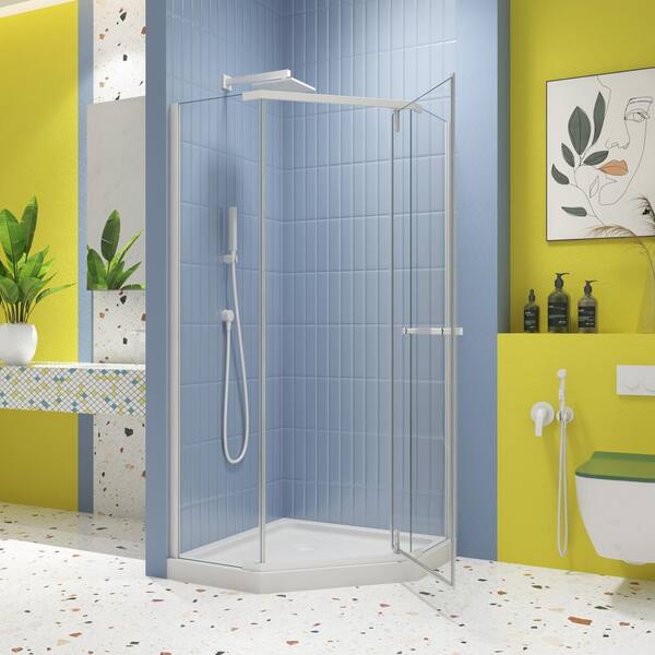 WELLFOR 35.56 in. W x 72 in. H Neo Angle Pivot Frameless Corner Shower Enclosure in Matte White (Base Not included)