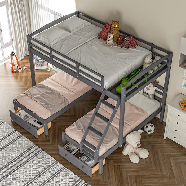Gray Full Over Twin and Twin Triple Bunk Bed with Drawers