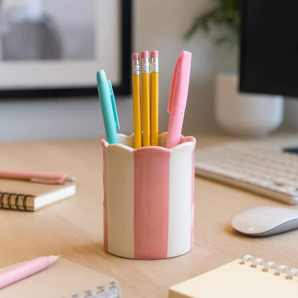Pink/Ivory 3.5 in. x 4 in. Ceramic Decorative Striped Pencil Cup