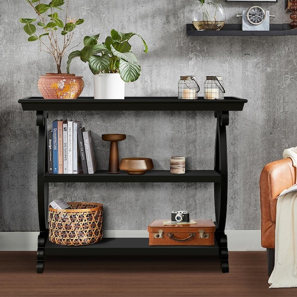 40 in. Antique Black Rectangle Wood Console Table Open