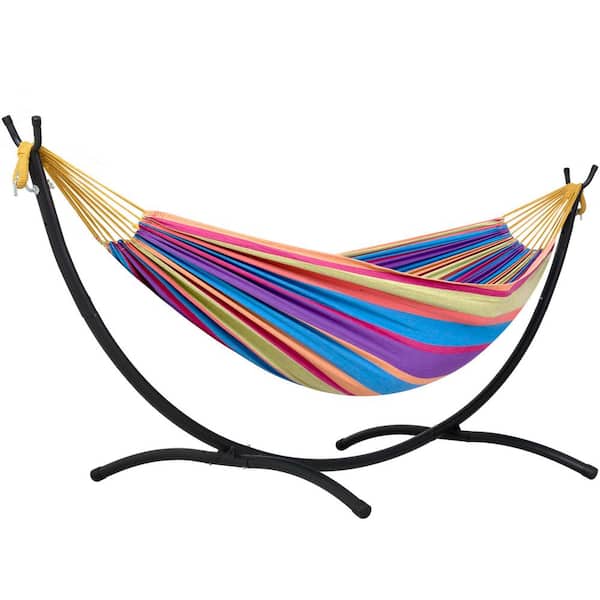 9.35 ft. 2-Person Brazilian-Style Foldable and Portable Outdoor Hammock Bed with Stand Set, Purple, Blue, Yellow, Red
