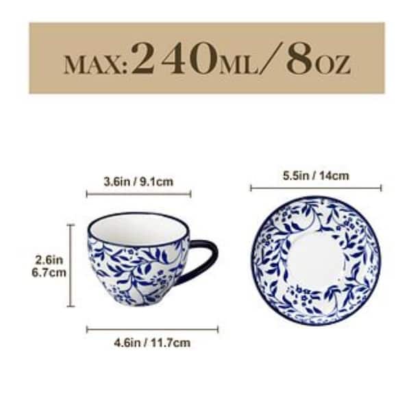 vancasso 8 oz. Blue and White Porcelain Coffee Cup Set (Set of 8) Including  4 Cups and 4 Saucers for Coffee/Latte/Cappuccino/Milk VC-SELENE-SBD