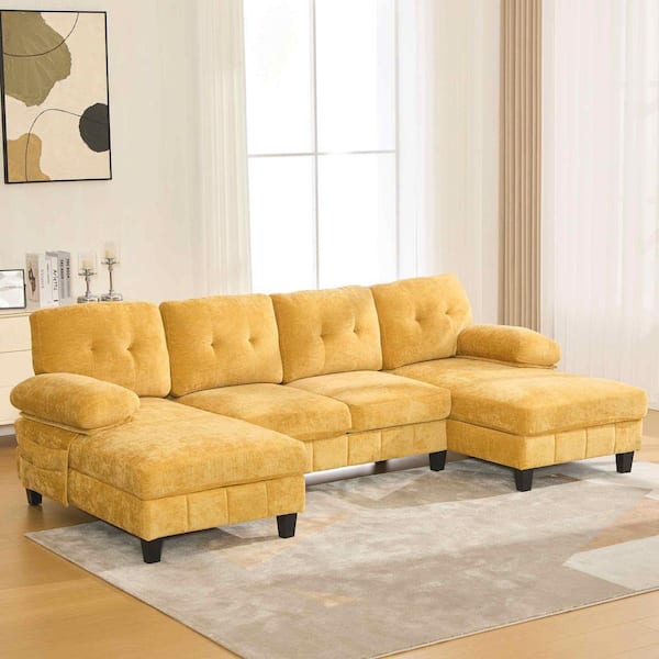 103.5 in. Round Arm Chenille Sectional Sofa with Dual Chaise Lounges, Storage Pockets and Armrest Pillows in. Yellow