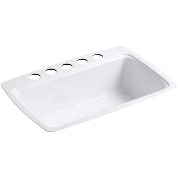 KOHLER Cape Dory Undermount Cast Iron 33 in. 5-Hole Single Bowl Kitchen Sink in White with Basin Rack