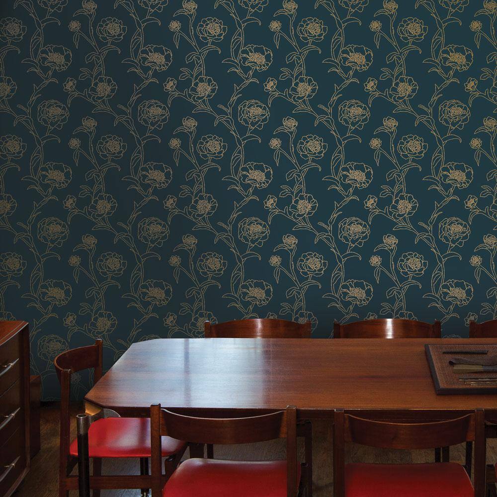 Peacock Blue and Gold Floral Peel and Stick Wallpaper