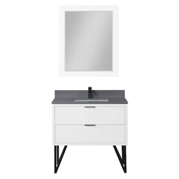 Altair Helios 36 in. W x 22 in. D x 34 in. H Single Sink Bath Vanity in White with Gray Composite Stone Top and Mirror