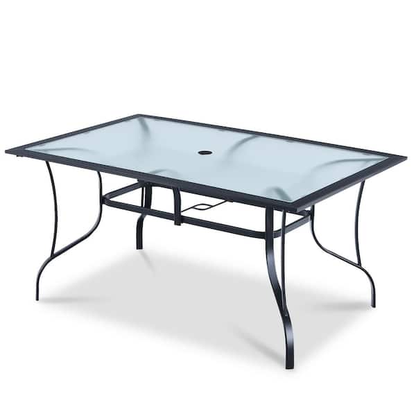 Costway 28 in. Black Rectangular Metal Patio Outdoor Dining Table Glass Top with Umbrella Hole