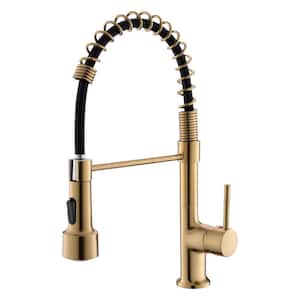 Single Handle Pull Down Sprayer Kitchen Faucet with 360° Rotation and LED Lights in Brushed Gold