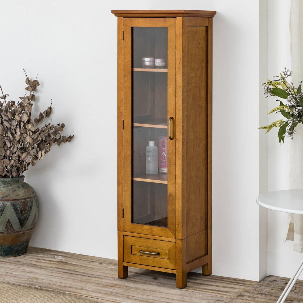 Elegant Avery Oak Linen Tower with Glass Paneled Door and Antique Brass Knobs