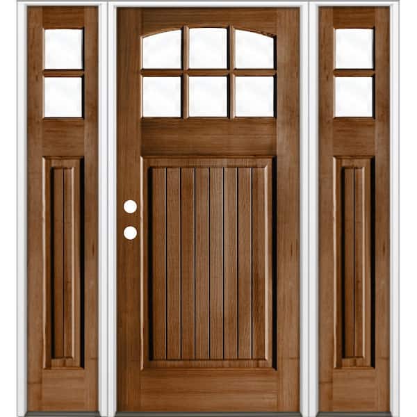 Krosswood Doors 64 in. x 80 in. Craftsman 6 Lite Clear Glass Provincial Stain Right-Hand/Inswing Hemlock Prehung Front Door with DSL