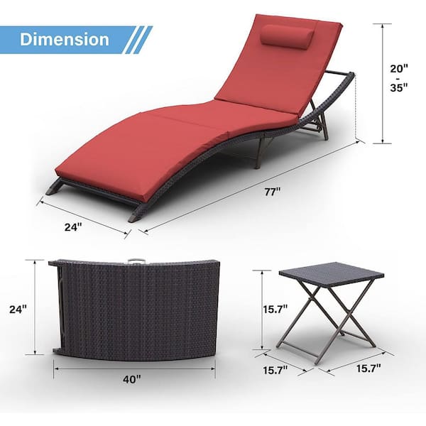 3-Piece Wicker Outdoor Adjustable Chaise Lounge with Cushion Red
