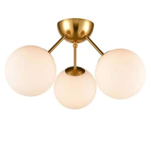 11.8 in. 3-Light Gold Modern Semi-Flush Mount with Frosted Glass Shade and No Bulbs Included 1-Pack