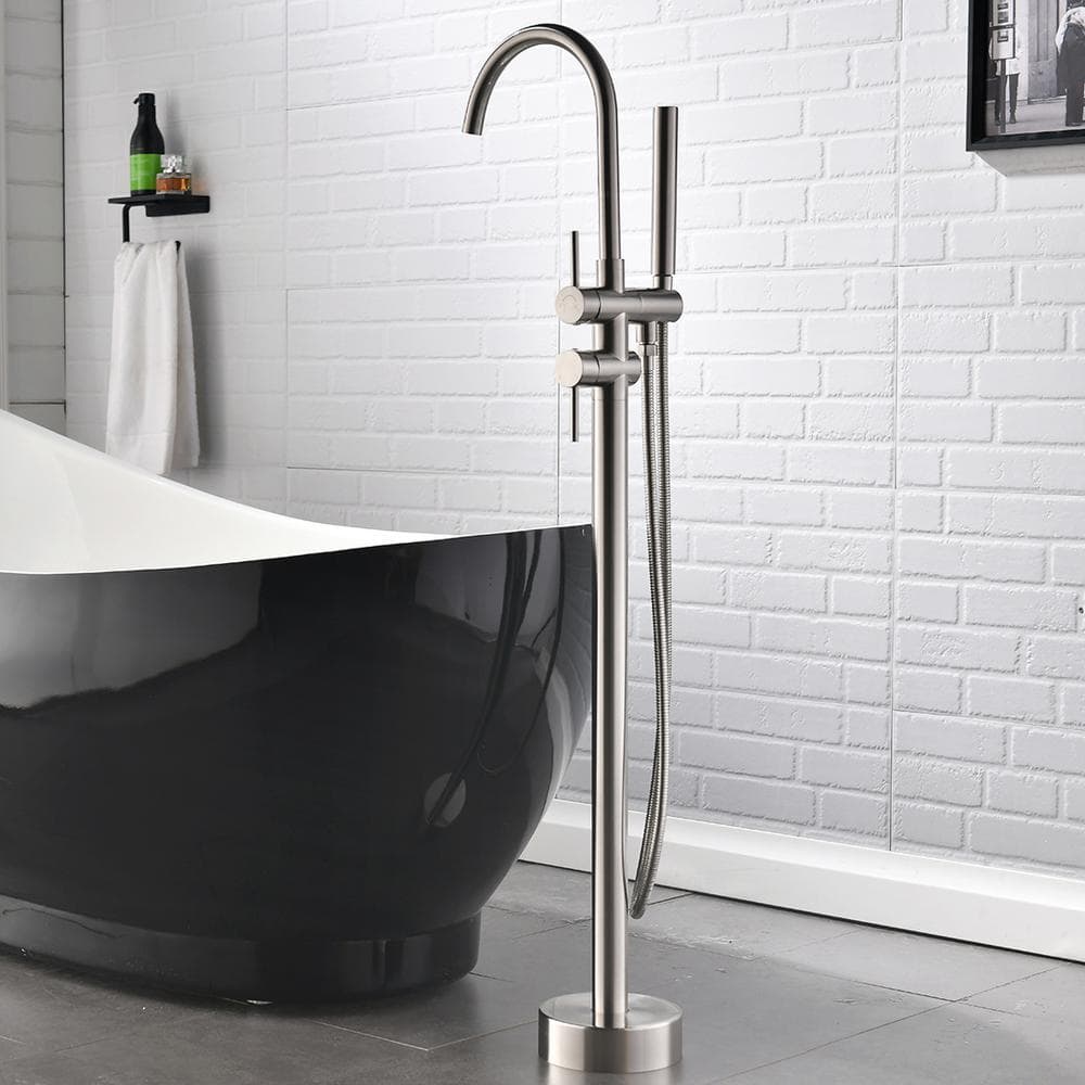 Brushed Nickel Freestanding Floor Mount Tub Filler Faucet with Handheld Shower