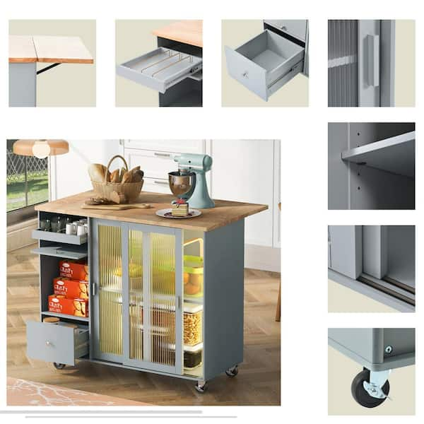 Gray Blue Rolling Mobile Kitchen Island with Solid Wood Top and Lockin