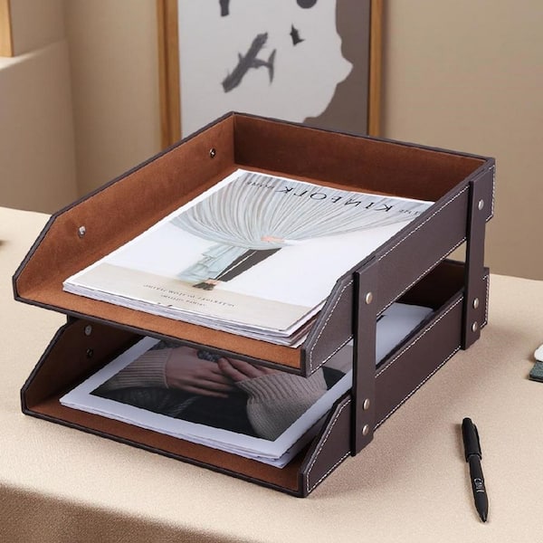 2-Level Brown 14 in. x 7 in. Wooden Desk File Holder