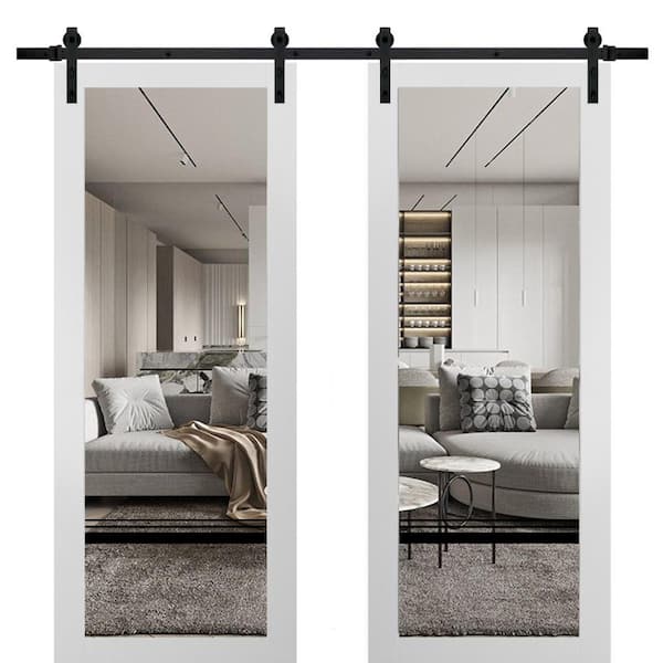 30 in. x 96 in. 2 Panel Clear Glass White Solid Wood Sliding Barn Door with Hardware Kit