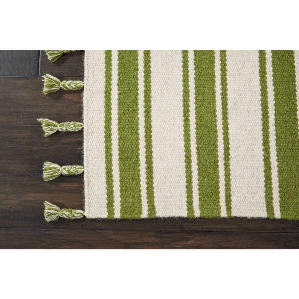 Ivory and Green Striped 4' x 6' Wool Cotton Reversible Rug