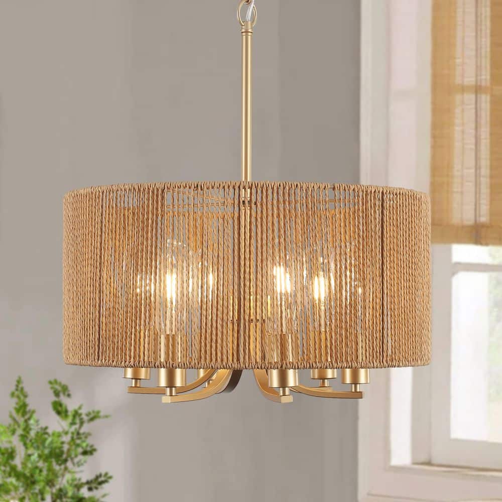 6-Light Gold Farmhouse Chandelier with Hand-Woven Hemp Rope Rattan Shade