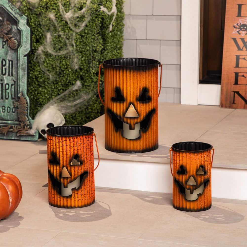Black and Orange Metal Pumpkin Lantern Set Halloween Decoration Indoor 3 Piece