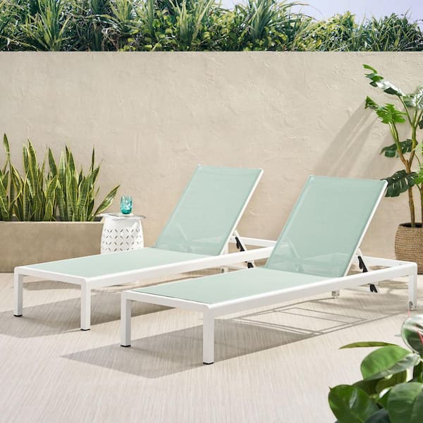 Noble House Cape Coral White 2-Piece Metal Outdoor Chaise Lounge with Green Seat