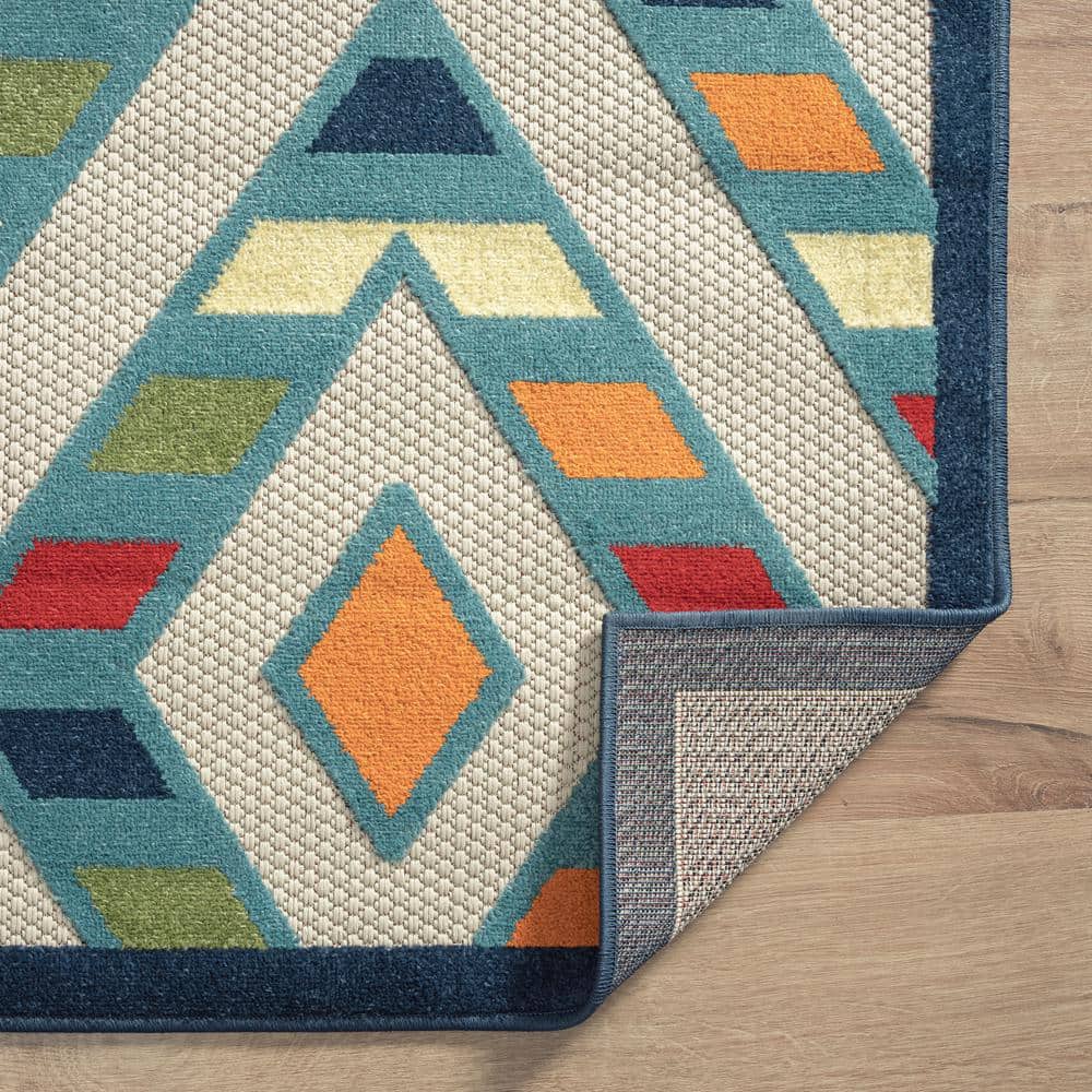 Reversible Rectangular Blue Geometric Easy-Care Area Rug