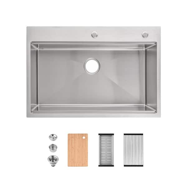 33 in. Drop-In Single Bowl Stainless Steel Modern 20-Gauge Overmount Kitchen Sink with Accessories in Brushed Nickel