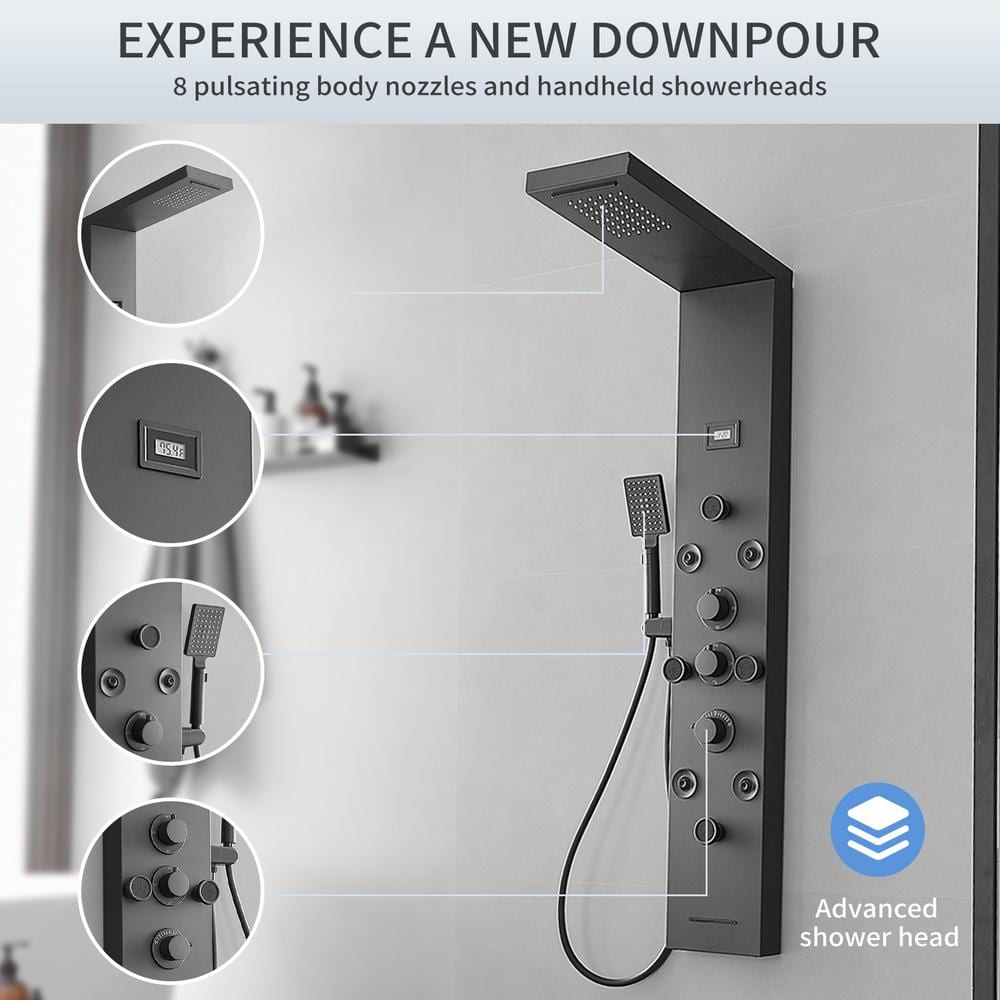 Black Stainless Steel 51.57'' Shower Panel with Rainfall and Waterfall Shower Heads