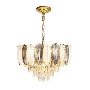 19.6 in. 6-Light Modern Gold Feather Crystal Chandelier, 5-Tier Luxury Round Pendant Light Living Room, Bulb Included