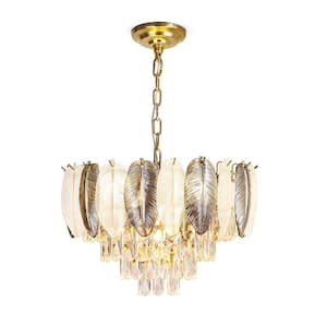 19.6 in. 6-Light Modern Gold Feather Crystal Chandelier, 5-Tier Luxury Round Pendant Light Living Room, Bulb Included