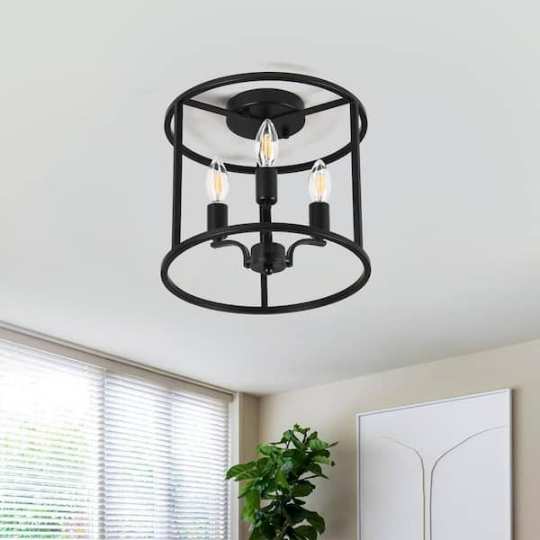 PAKOKULA Industrial 11.8 in. 3-Light Black Cage Ceiling Flush-Mount Light Fixture