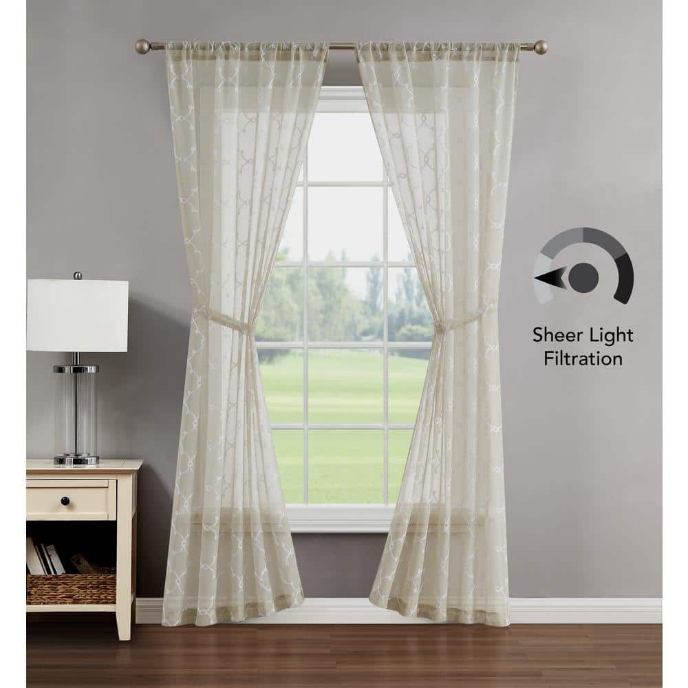 Selena Beige Embroidered Sheer Linen Window Panels, 38" x 84"