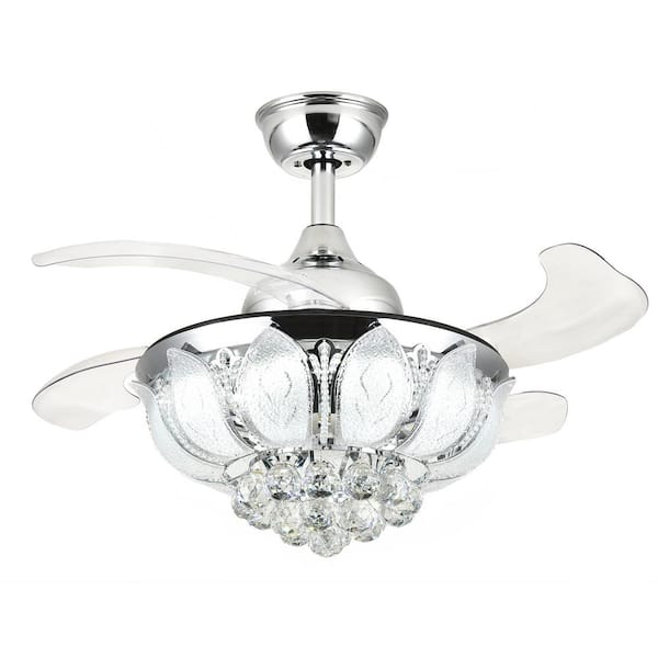 ANTOINE 36 in. Chrome Integrated LED Indoor Ceiling Fan with Lights Retractable Blades Crystal Smart Remote Control Included