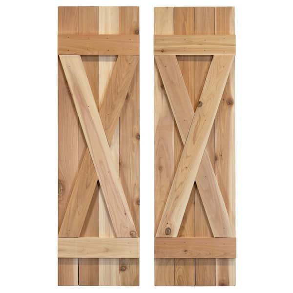 Dogberry Collections 14 in. x 42 in. X Wood Board and Batten Shutters Pair in Unfinished