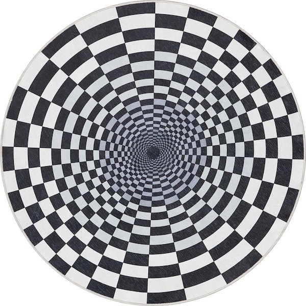 Apollo 3D Portal Modern Geometric Black Ivory 3 ft. 3 in. Round Area Rug