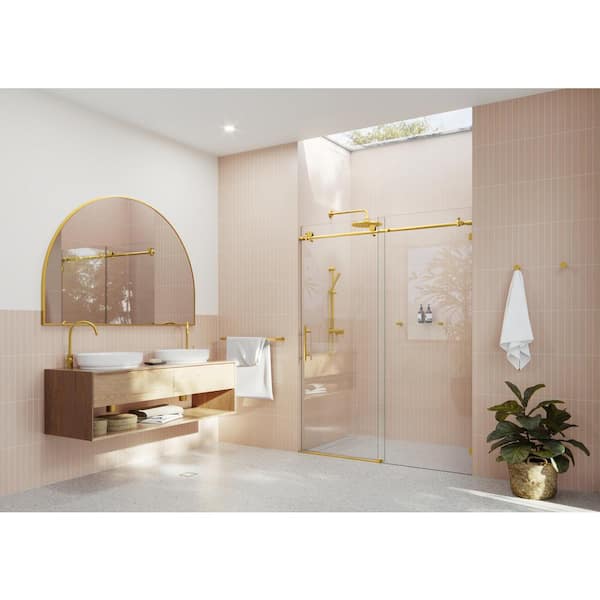 Glass Warehouse 56 in. W x 78 in. H Frameless Sliding Shower Door in Satin Brass