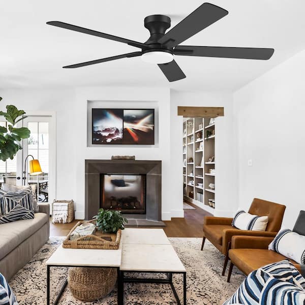 52 in. Smart Outdoor Indoor Black Flush Mount Ceiling Fan with RGB LED Lights and APP/Remote Control, Dimmable, 6-Speeds