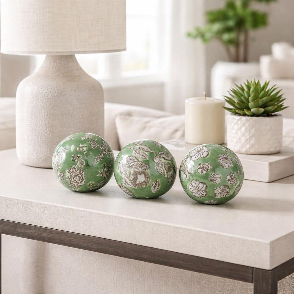 Liv & Skye Green and White 5 in. x 5 in. Ceramic Chinoiserie Orbs