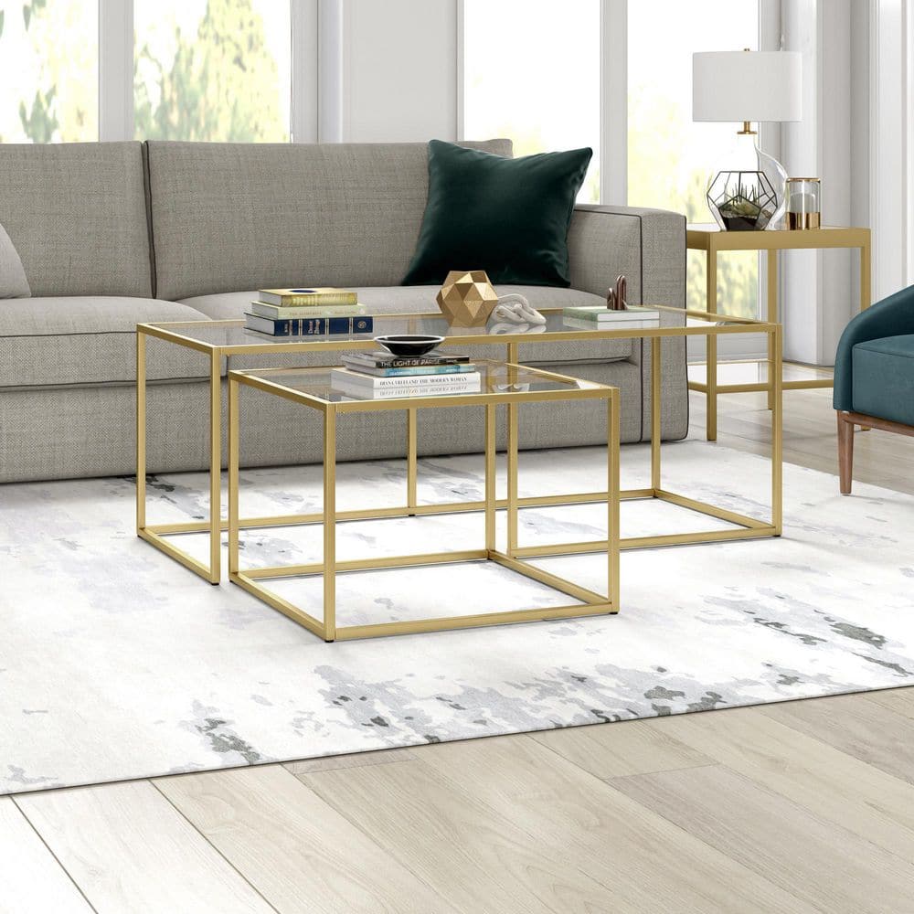 Kennedy Brass Finish Rectangular Nesting Coffee Table with Glass Top