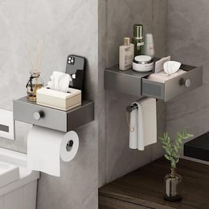 Matte Grey Stainless Steel Toilet Paper Holder with Shelf Black Wipes Dispenser, Drawer Adhesive Wall Mount for Bathroom