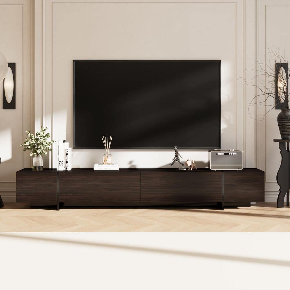 Black and Brown Wooden Grain TV Stand, Entertainment Center Fits TV's up to 90 in. with 4 with Door Shelves for Storage