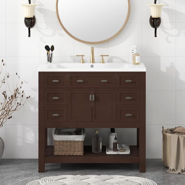 Staykiwi 36 in. W x 18 in. D x 34 in. H. Freestanding Bathroom Vanity in Brown with White Cultured Marble Top