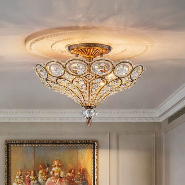 15.75 in. 4-Light Vintage Antique Bronze Semi Flush Mount with Crystal Accents