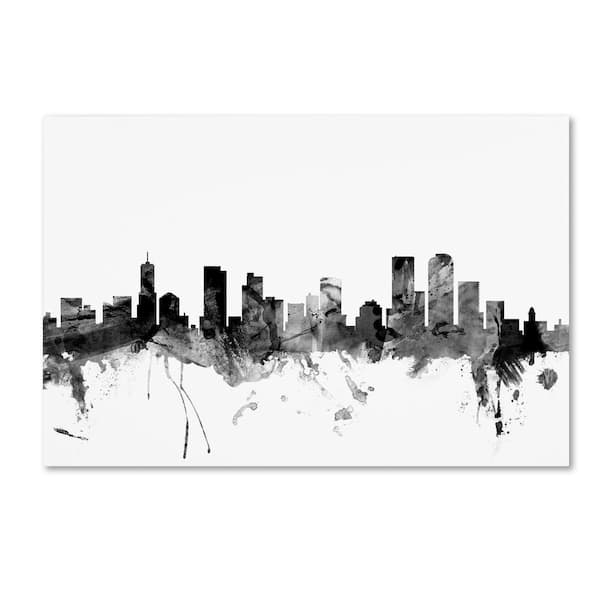 Trademark Fine Art Denver Colorado Skyline Black and White by Michael Tompsett Floater Frame Architecture Wall Art 12 in. x 19 in.