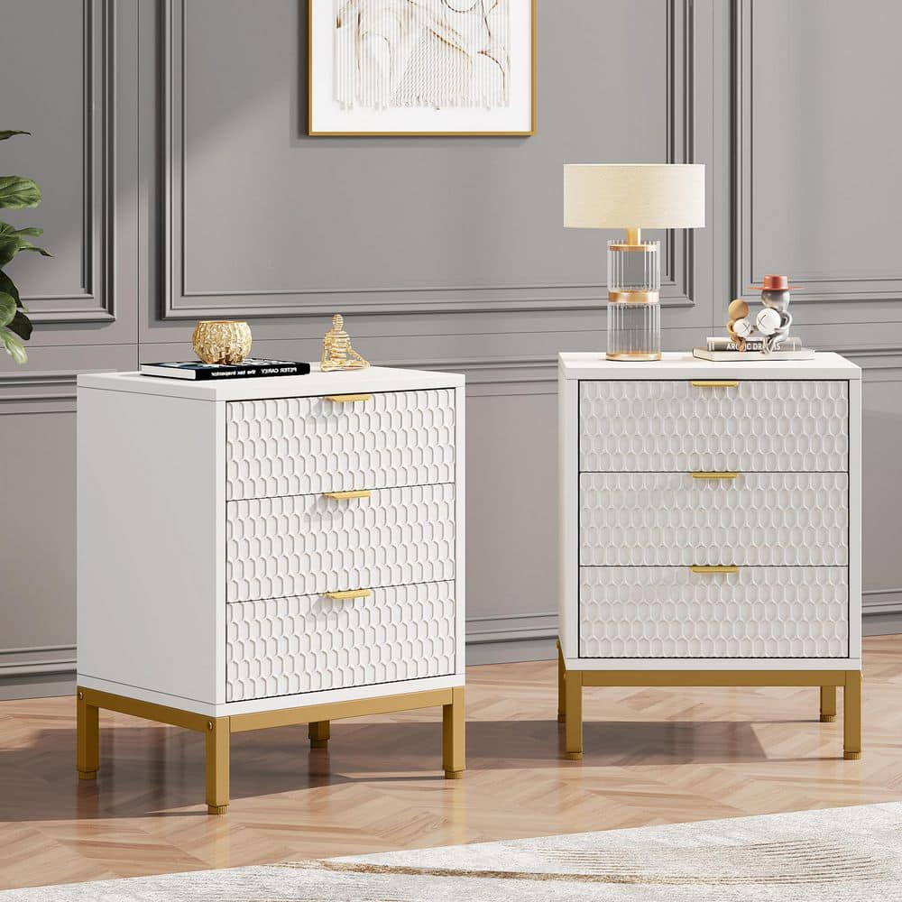 White 3-Drawer 19.7 in. W Nightstand Bedside Table with Metal Legs(Set of 2), Modern Side Table for Living Room Bedroom