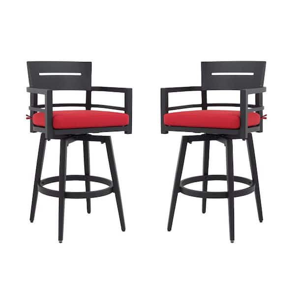 Ember Black Aluminum 360° Swivel Outdoor Bar Stool with Red Cushion and Ergonomic Backrest & Armrests (2-Pack)