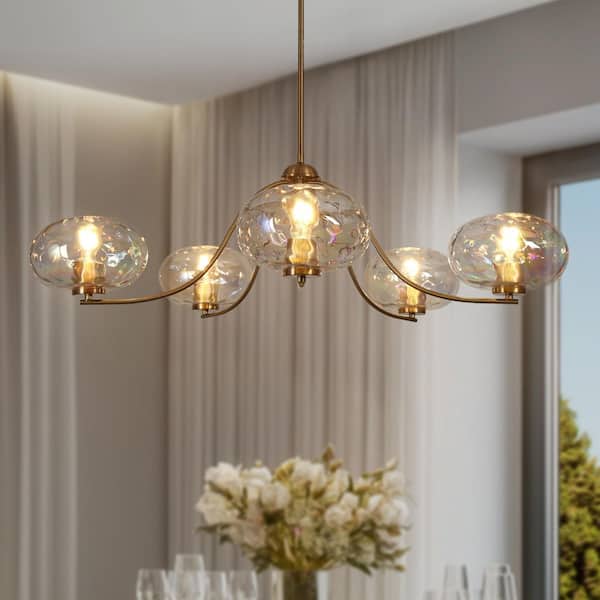 LNC Chrysa 41.5 in. 5-Light Plated Brass Modern Sputnik Dining Room Chandelier with Iridescent Glass Globes and Curvy Arms