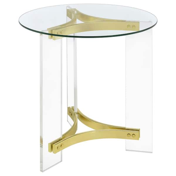 Coaster Janessa 23.5 in. Clear and Matte Brass Round Glass Top End Table with Acrylic Legs