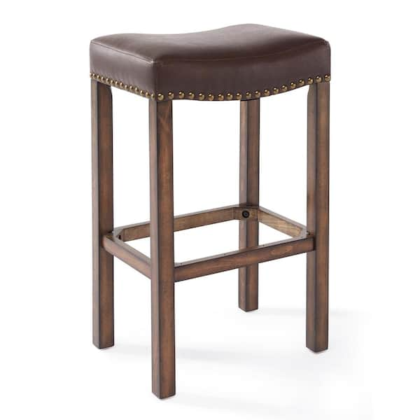 Armen Living Tudor 30 in. Kahlua Faux Leather and Chestnut Wood Finish Backless Bar Stool