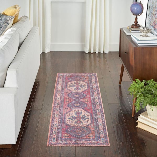 New Concept Washables Red/Navy 2 ft. x 6 ft. Bordered Transitional Kitchen Runner Area Rug