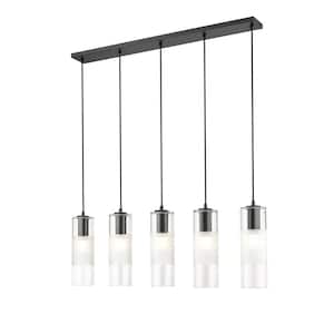 Alton 42 in. 5-Light Matte Black Linear Chandelier with Clear Plus Frosted Glass Shades